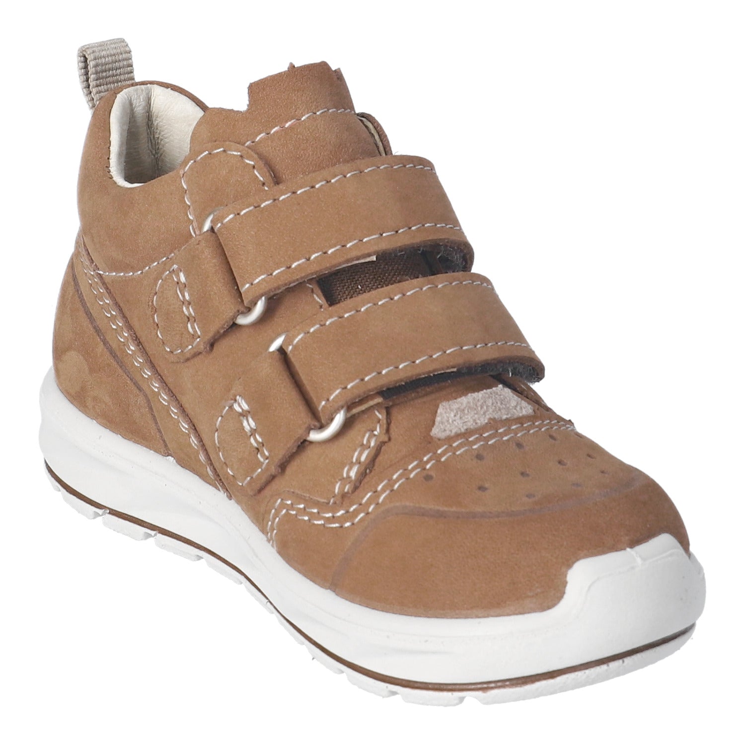 Chaussure pour tout-petits Ricosta en cuir brun Sympatex, avec deux attaches velcros.