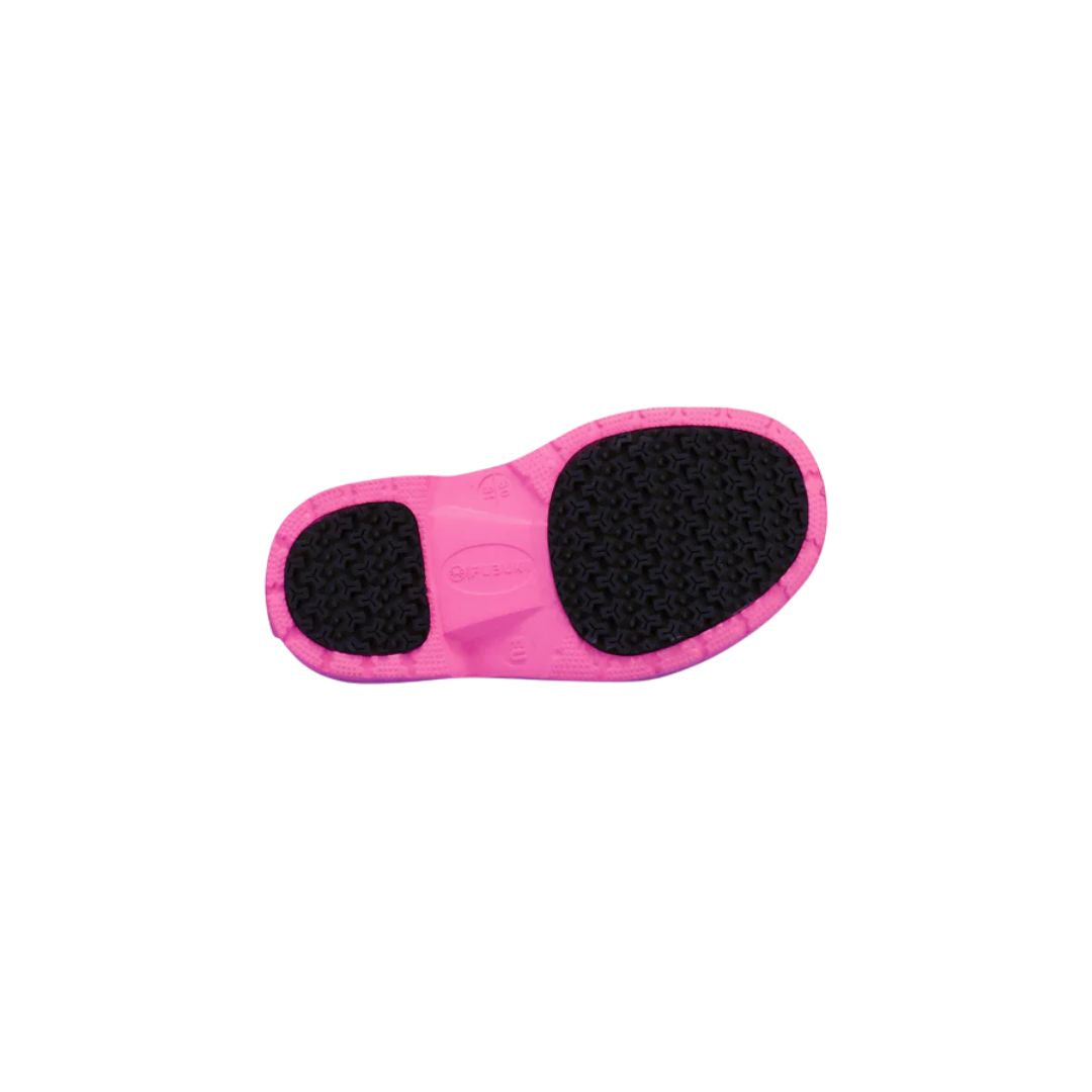 Botte d'hiver Fubuki pour les enfants, dans la couleur rose avec une sangle noire au-dessus pour ajuster la largeur au mollet.