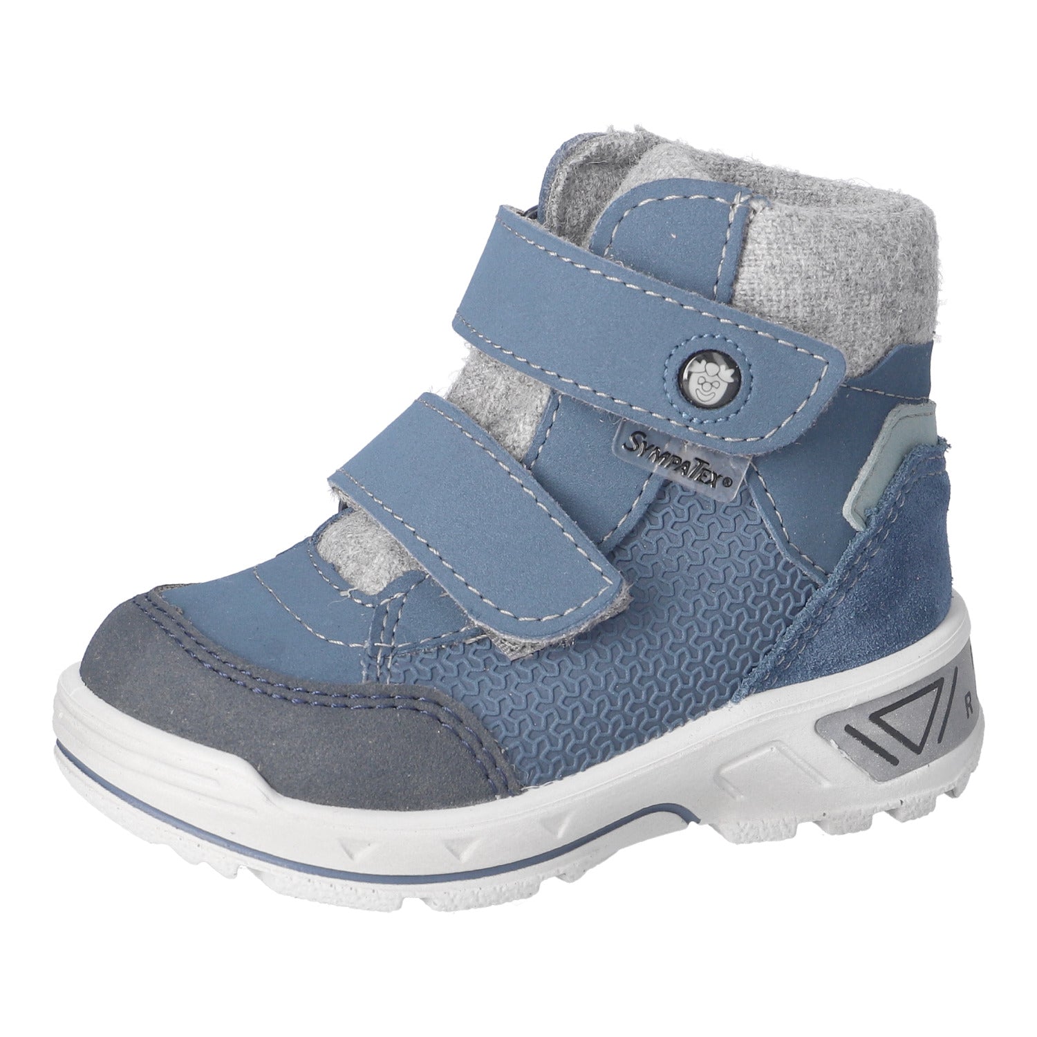Botte d'hiver pour enfants Ricosta en bi-matière bleu et grise, avec des attaches velcros.