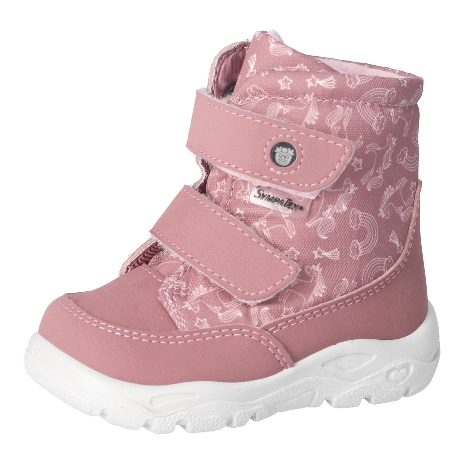 Botte d'hiver pour enfants Ricosta rose avec des illustrations blanches sur le tissu et des attaches velcros.