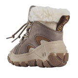 Botte d’hiver pour enfant beige et brun, avec doublure en laine chaude et lacets ajustables.