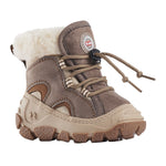 Botte d’hiver pour enfant beige et brun, avec doublure en laine chaude et lacets ajustables.