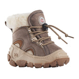 Botte d’hiver pour enfant beige et brun, avec doublure en laine chaude et lacets ajustables.