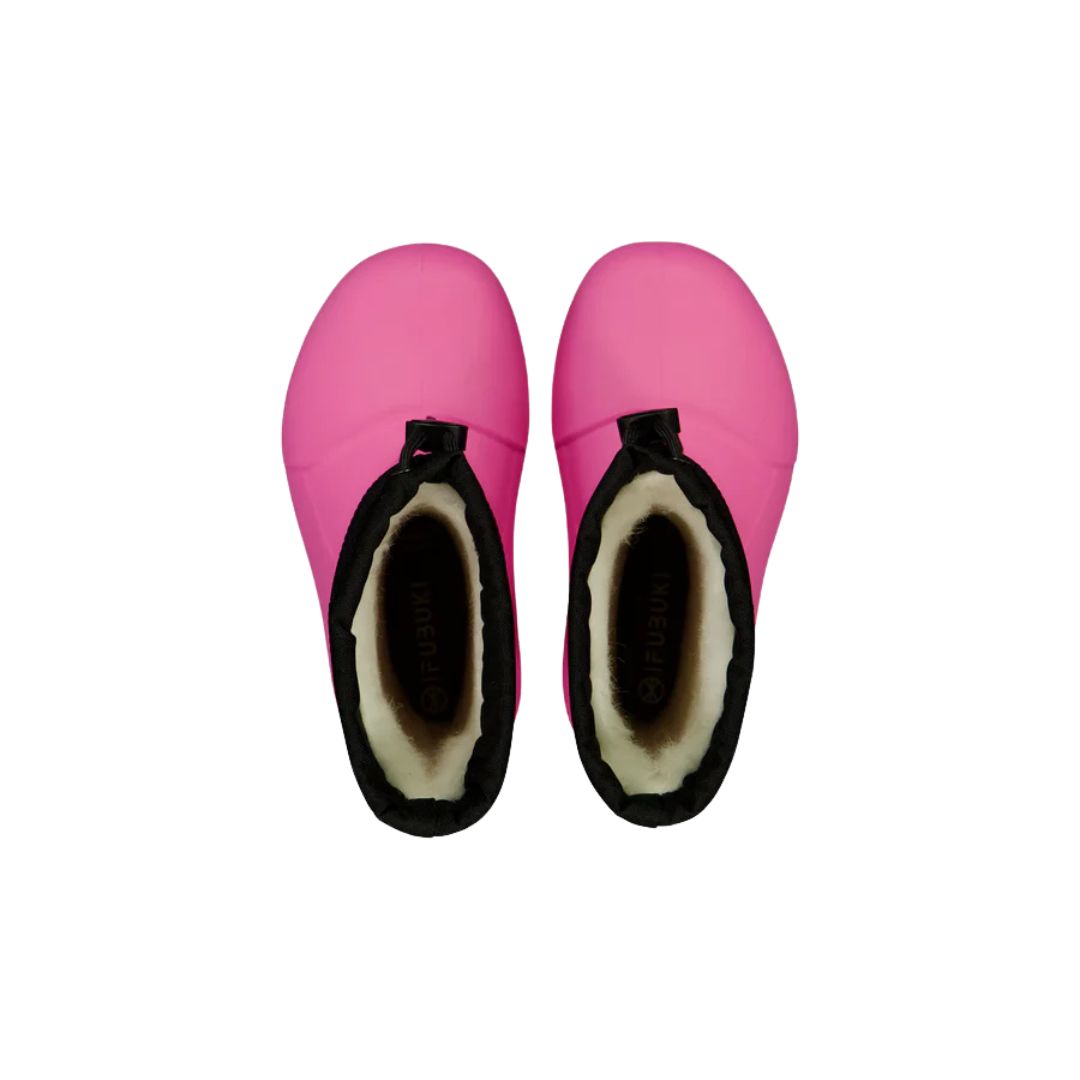 Botte d'hiver Fubuki pour les enfants, dans la couleur rose avec une sangle noire au-dessus pour ajuster la largeur au mollet.