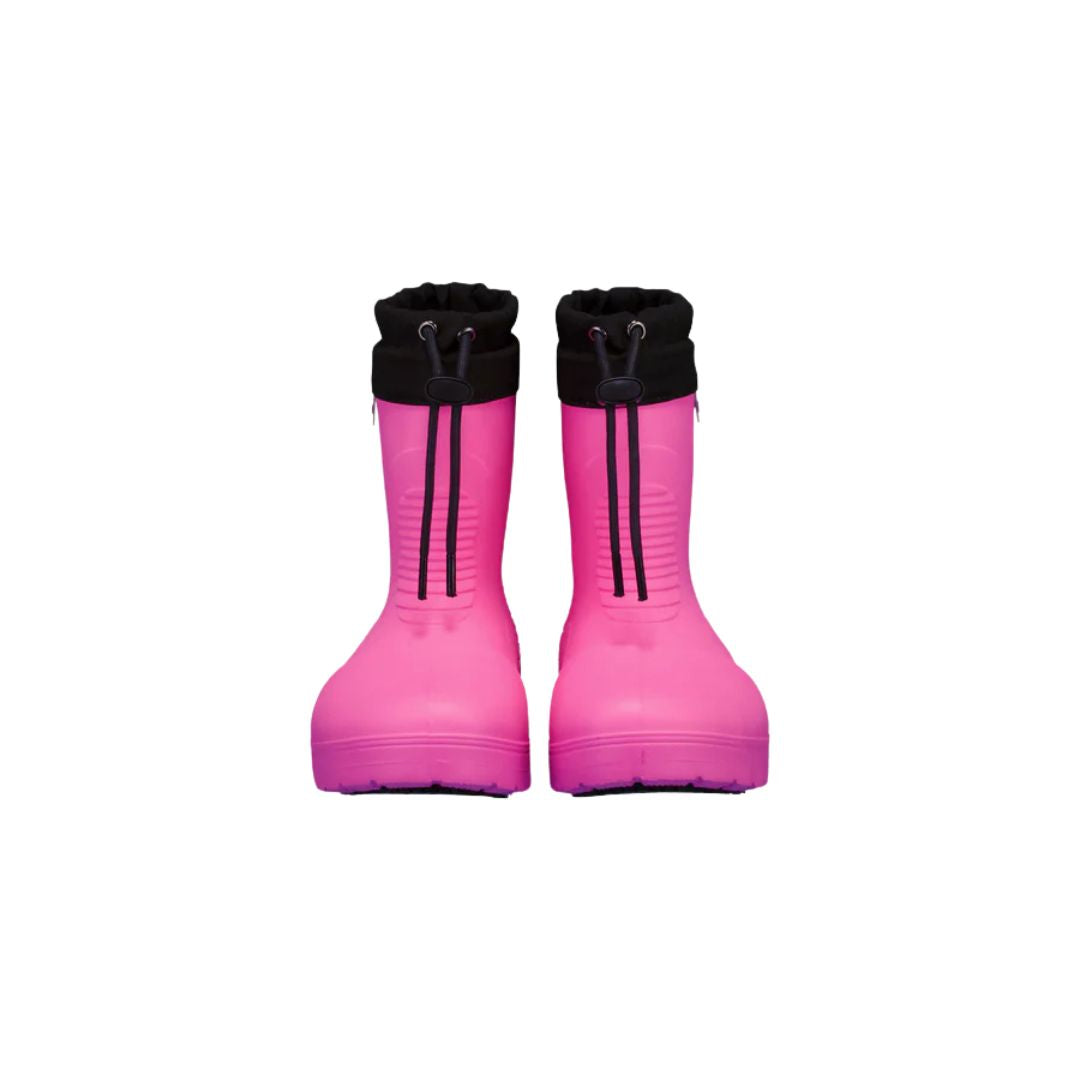 Botte d'hiver Fubuki pour les enfants, dans la couleur rose avec une sangle noire au-dessus pour ajuster la largeur au mollet.