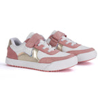 Basket enfant rose et doré avec velcro et lacets élastiques.