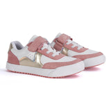 Basket enfant rose et doré avec velcro et lacets élastiques.