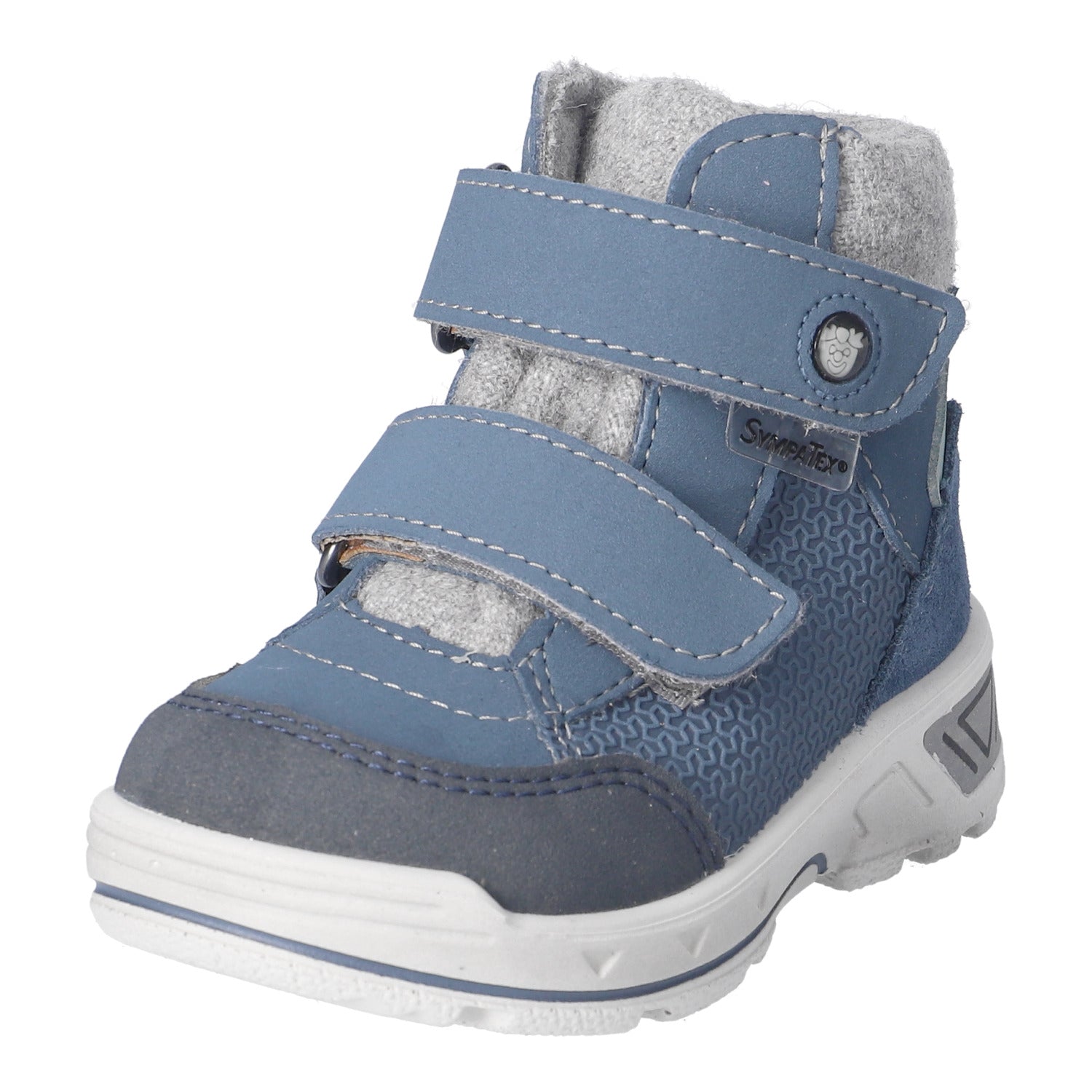 Botte d'hiver pour enfants Ricosta en bi-matière bleu et grise, avec des attaches velcros.