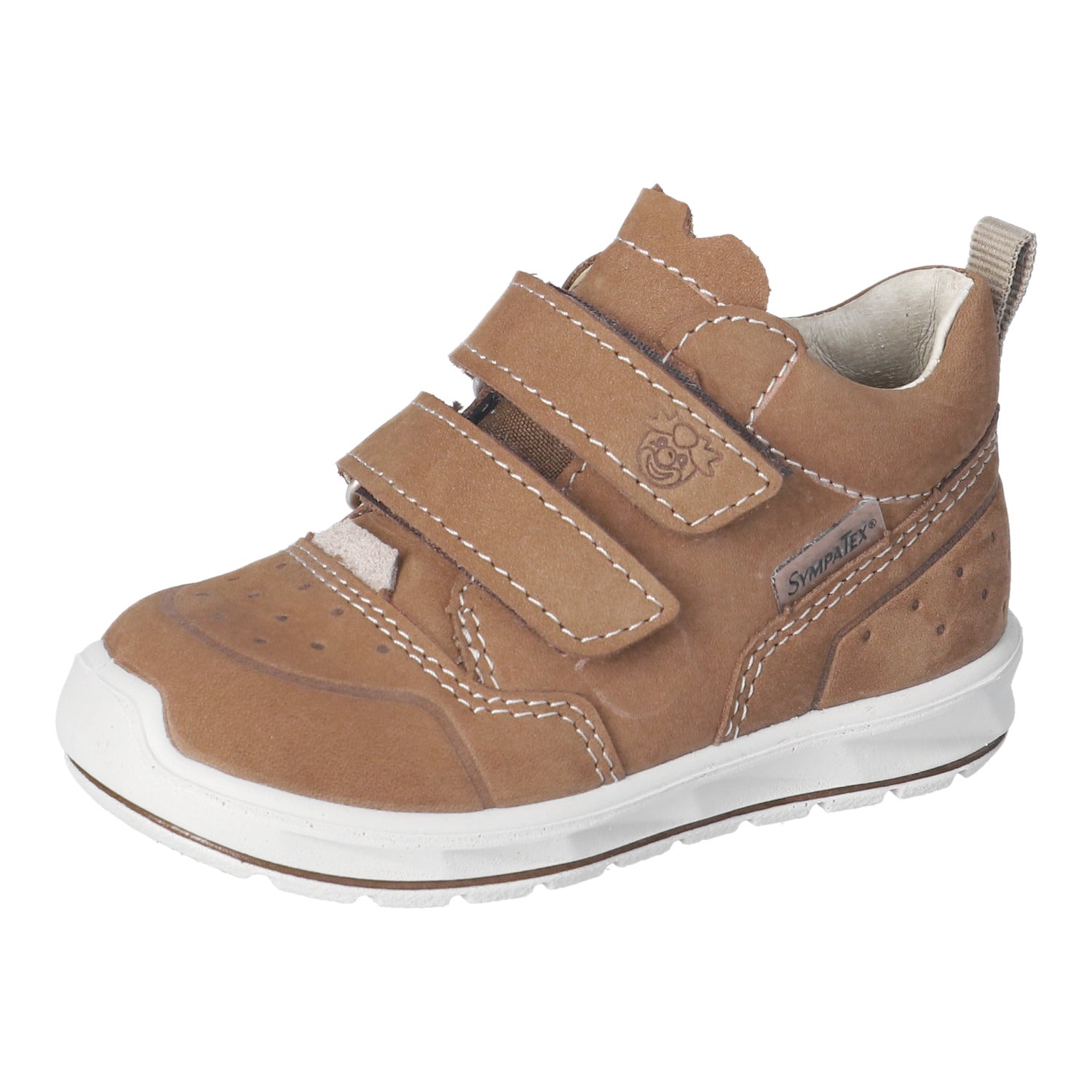 Chaussure pour tout-petits Ricosta en cuir brun Sympatex, avec deux attaches velcros.