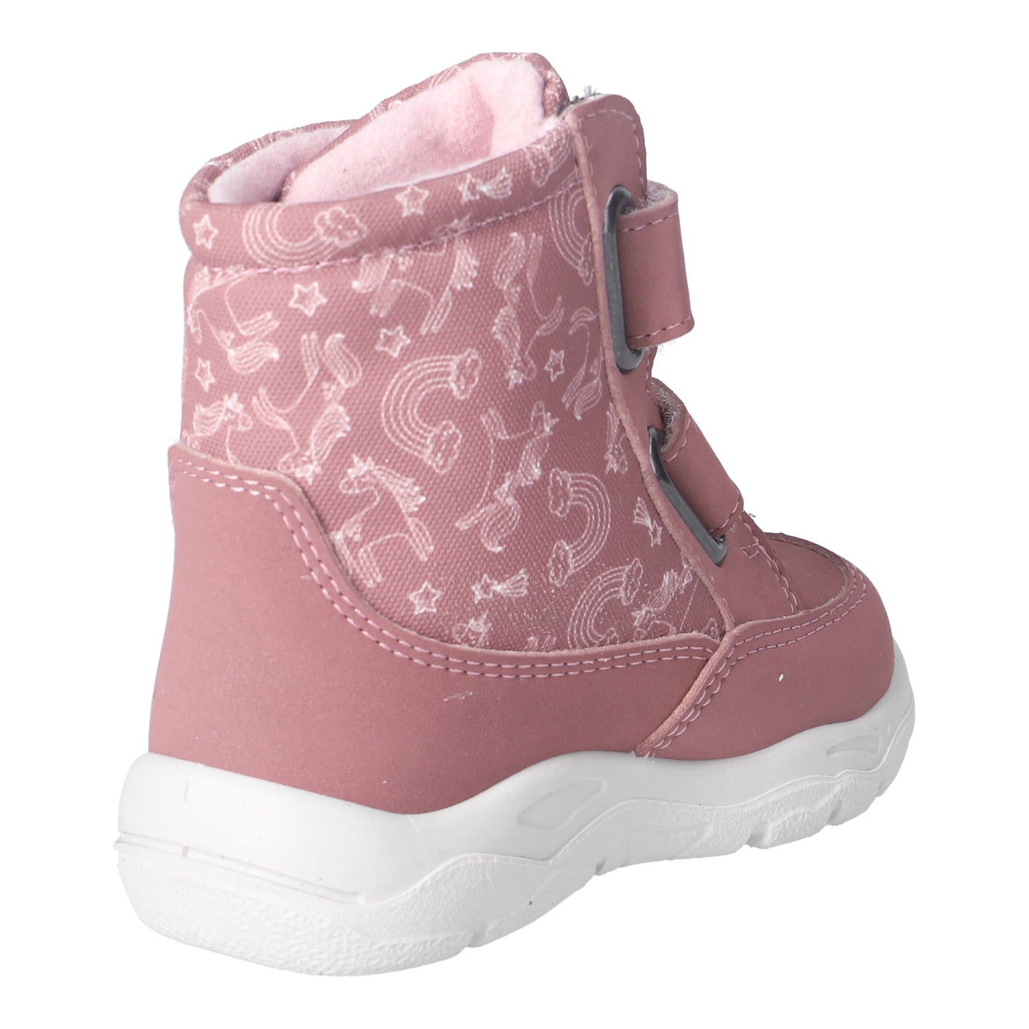 Botte d'hiver pour enfants Ricosta rose avec des illustrations blanches sur le tissu et des attaches velcros.