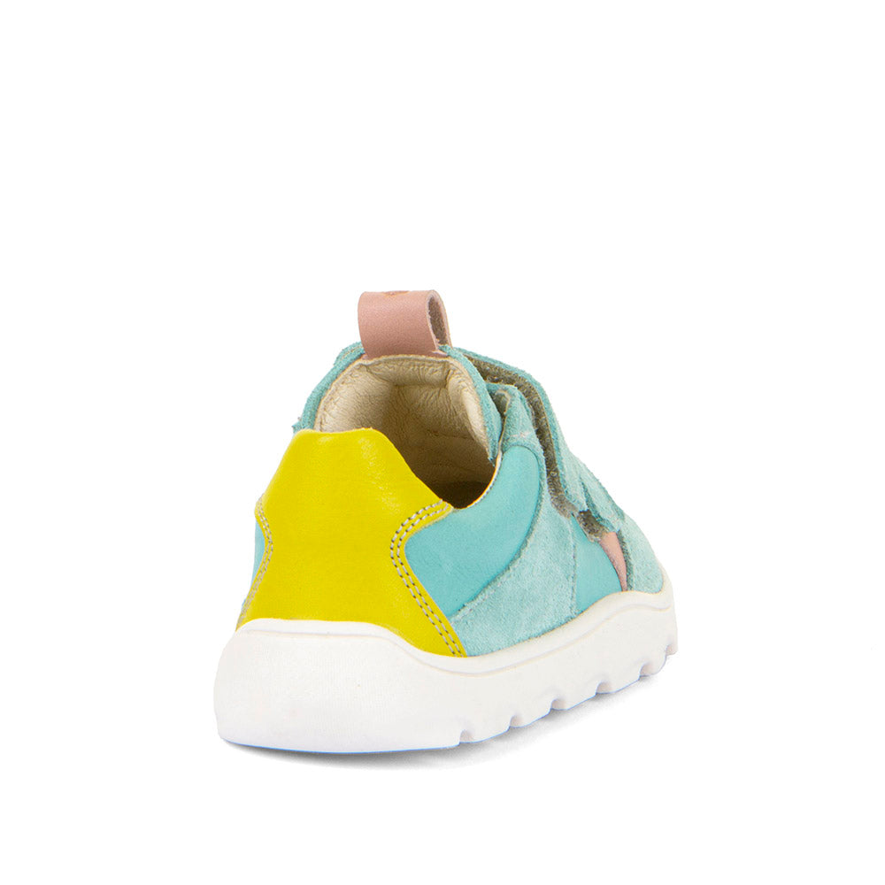 Chaussure Barefoot pour enfant, dans un beau turquoise avec une touche de jaune à l'arrière