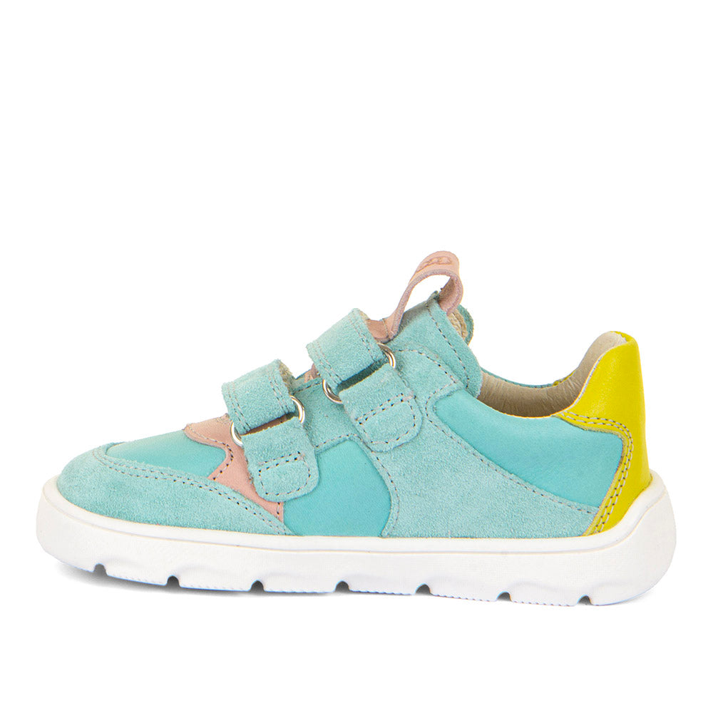 Chaussure Barefoot pour enfant, dans un beau turquoise, avec une touche de rose et de jaune