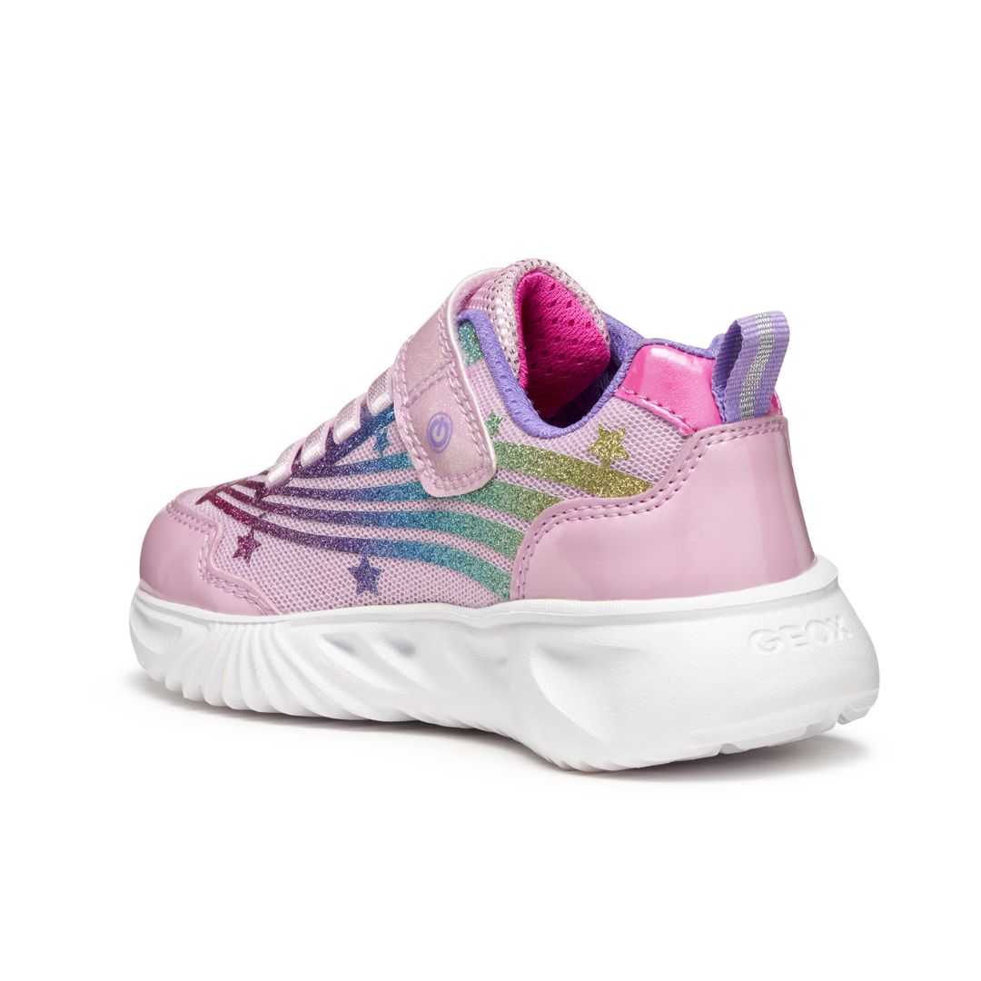 Chaussure pour enfant avec lumières de couleur rose, semelle blanche, avec velco.