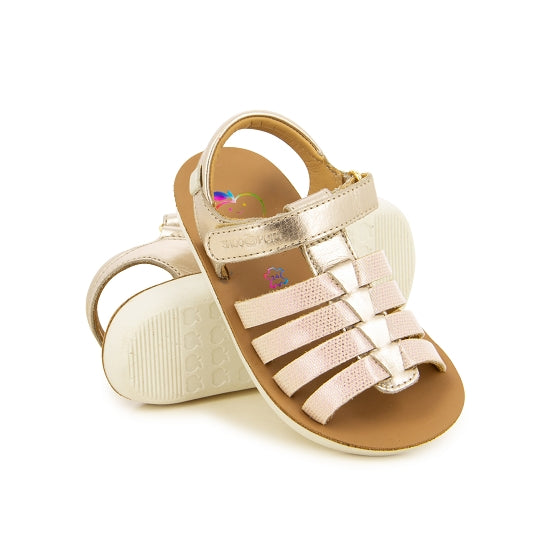 sandale fille brillante bronze avec brides multiples rose claire.  Velcro scratch