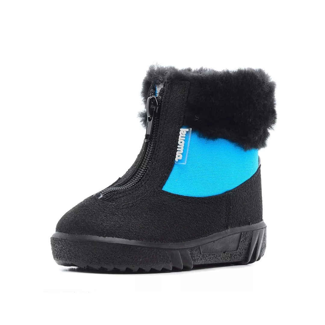 Botte d'hiver pour bébé de couleur noire et bleue, avec fermeture éclair sur le dessus et fourrure à la cheville