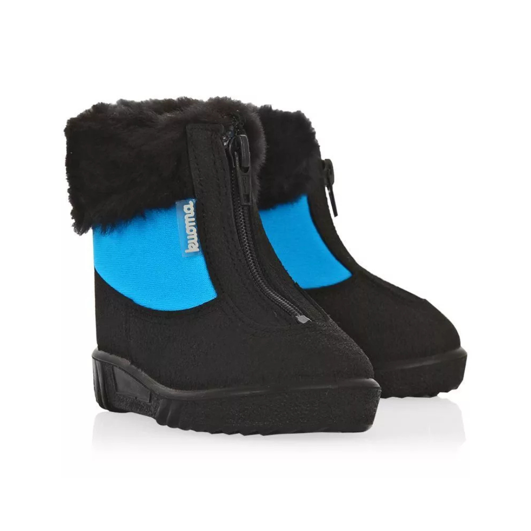 Botte d'hiver pour bébé noire avec une touche de bleu, fermeture éclair sur le dessus et fourrure à la cheville