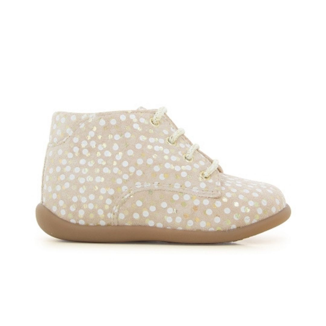 Souliers pour bébés, premiers pas, à lacets rose, très souples.