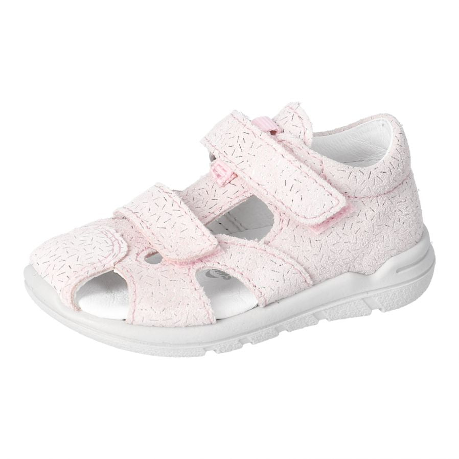 Sandale rose pâle pour enfant en cuir, avec deux velcro. Fermée à l'avant.