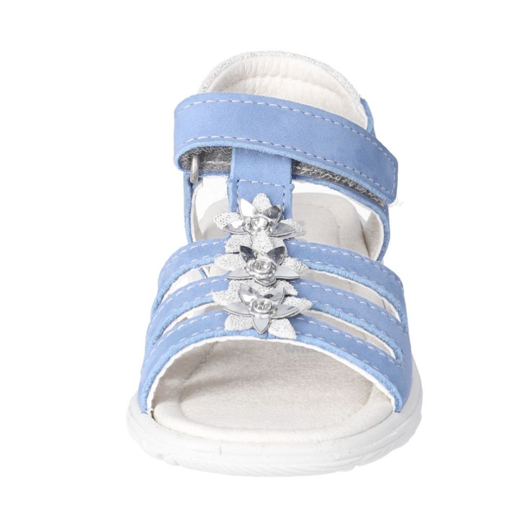 Sandale Ricosta cuir bleu avec fleurs argent. Attache veclro ouvert à l'avant.