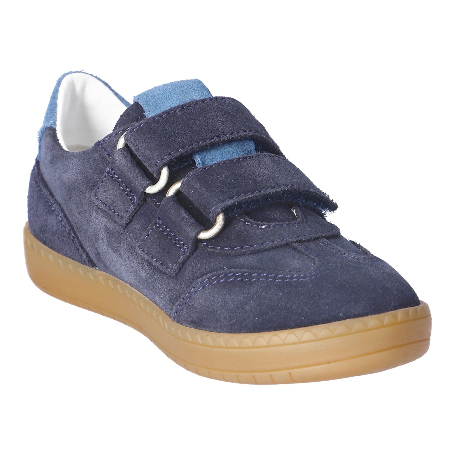 Sneaker pour enfant Ricosta en suède bleu foncé et océan avec des attaches velcros.
