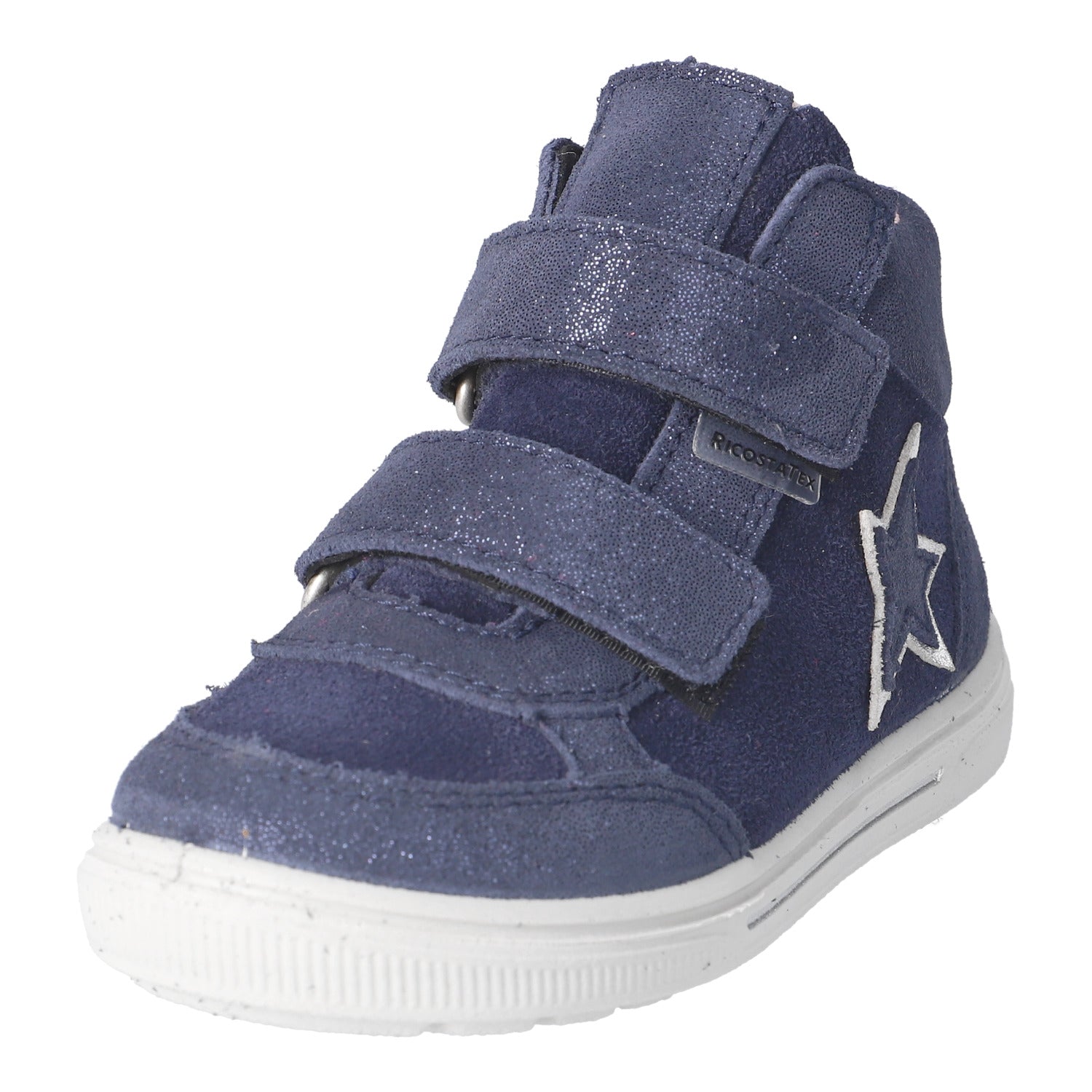 Basket pour enfants de chez Ricosta en bi-matière bleu foncé scintillant, avec une étoile sur le côté.