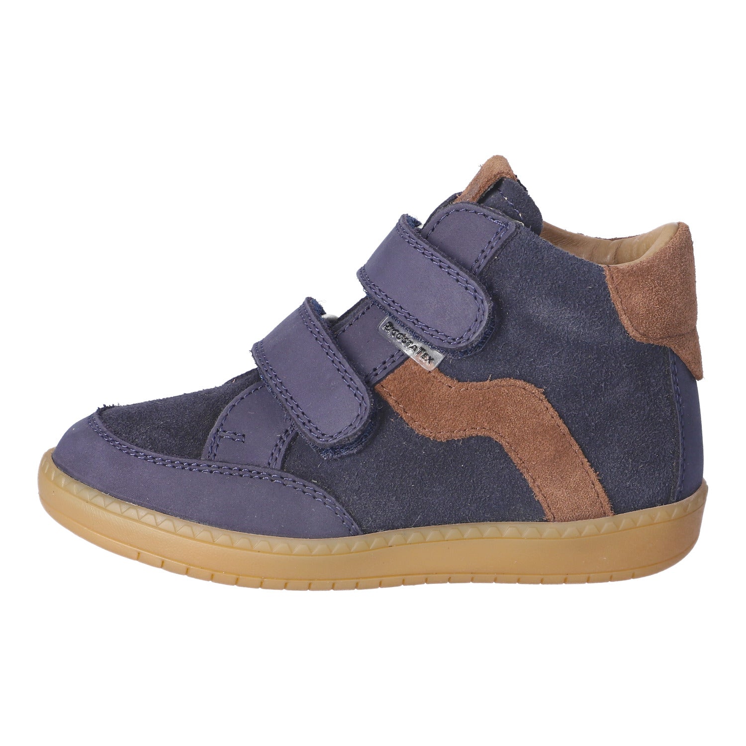 Basket montante pour enfant Ricosta bi-matière bleu marine avec des détails bruns et des attaches velcros.