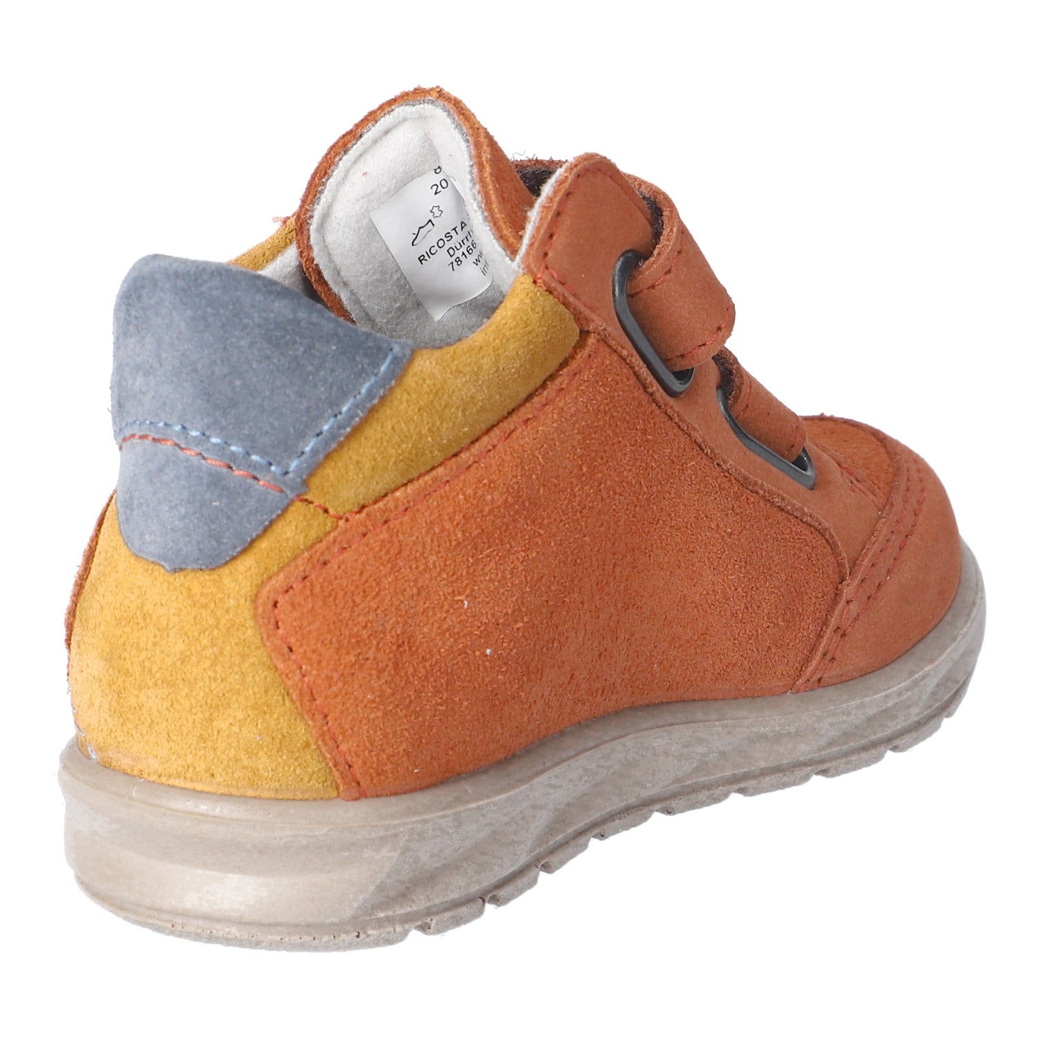 Chaussure pour enfants de Ricosta en cuir orange avec une étoile grise sur le côté et deux attaches velcros.
