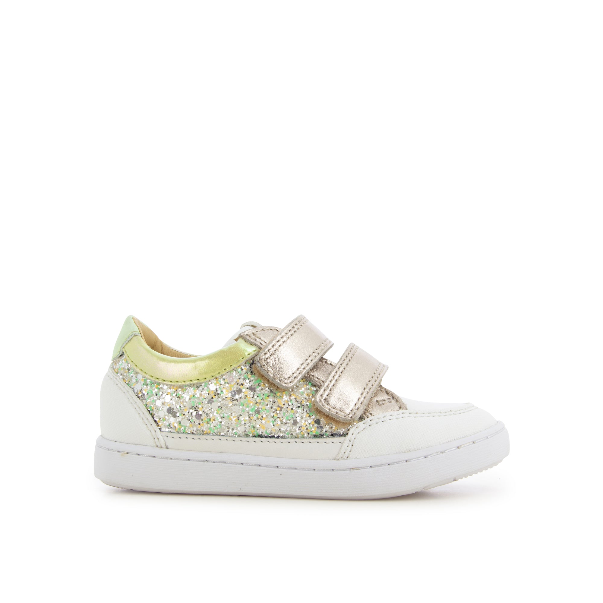 Chaussures pour fille blanche à paillettes multicolores avec scratchs dorés