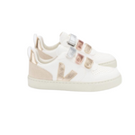 Chaussures Veja pour enfant blanche avec trois velcro et des couleurs métalliques