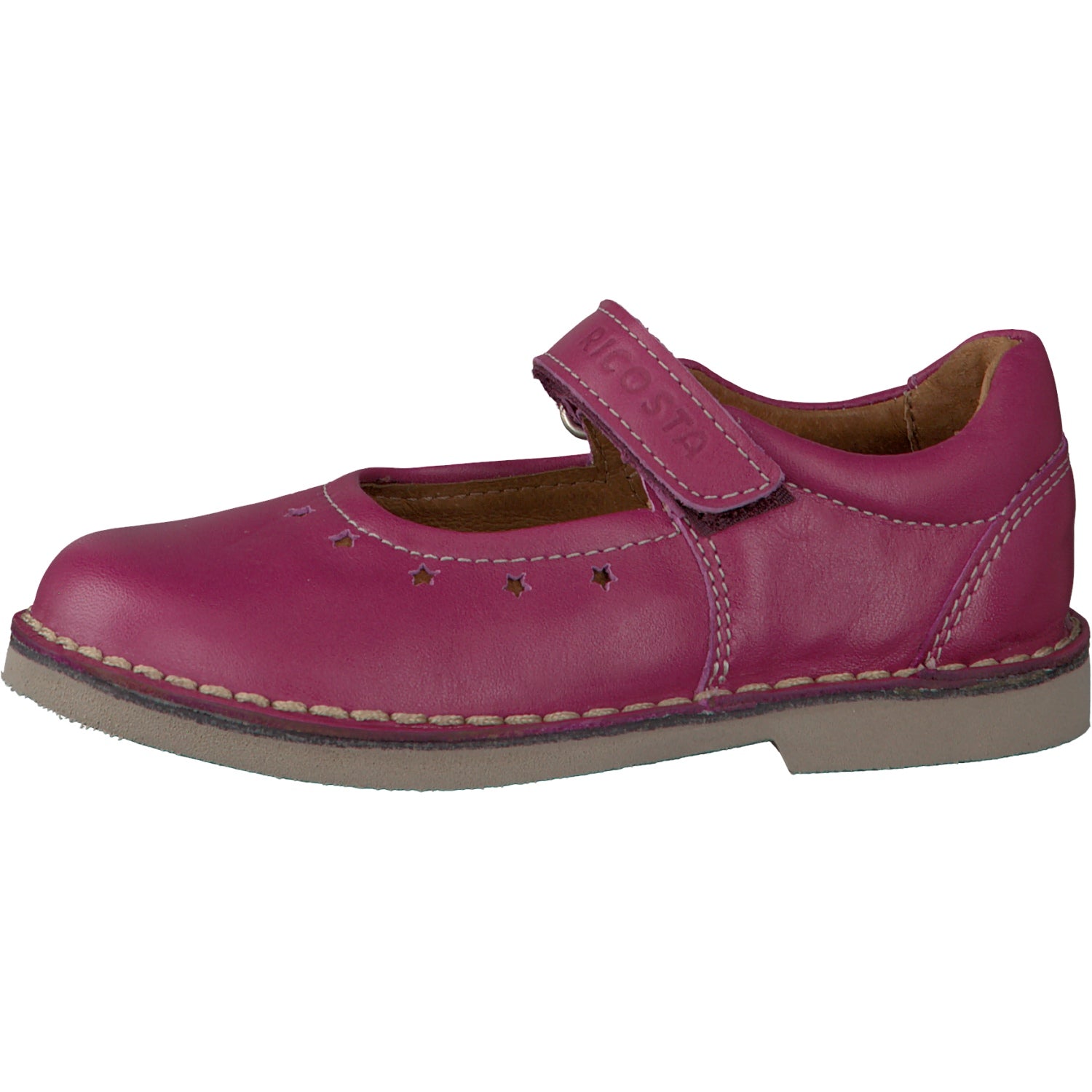 Ballerine rose foncé avec une attache velcro et des petits détails d'étoiles sur l'avant de la chaussure