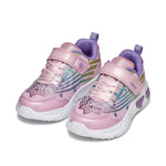 Une paire de chaussure avec lumières dans un rose clair, avec velcro et lacets élastiques. 