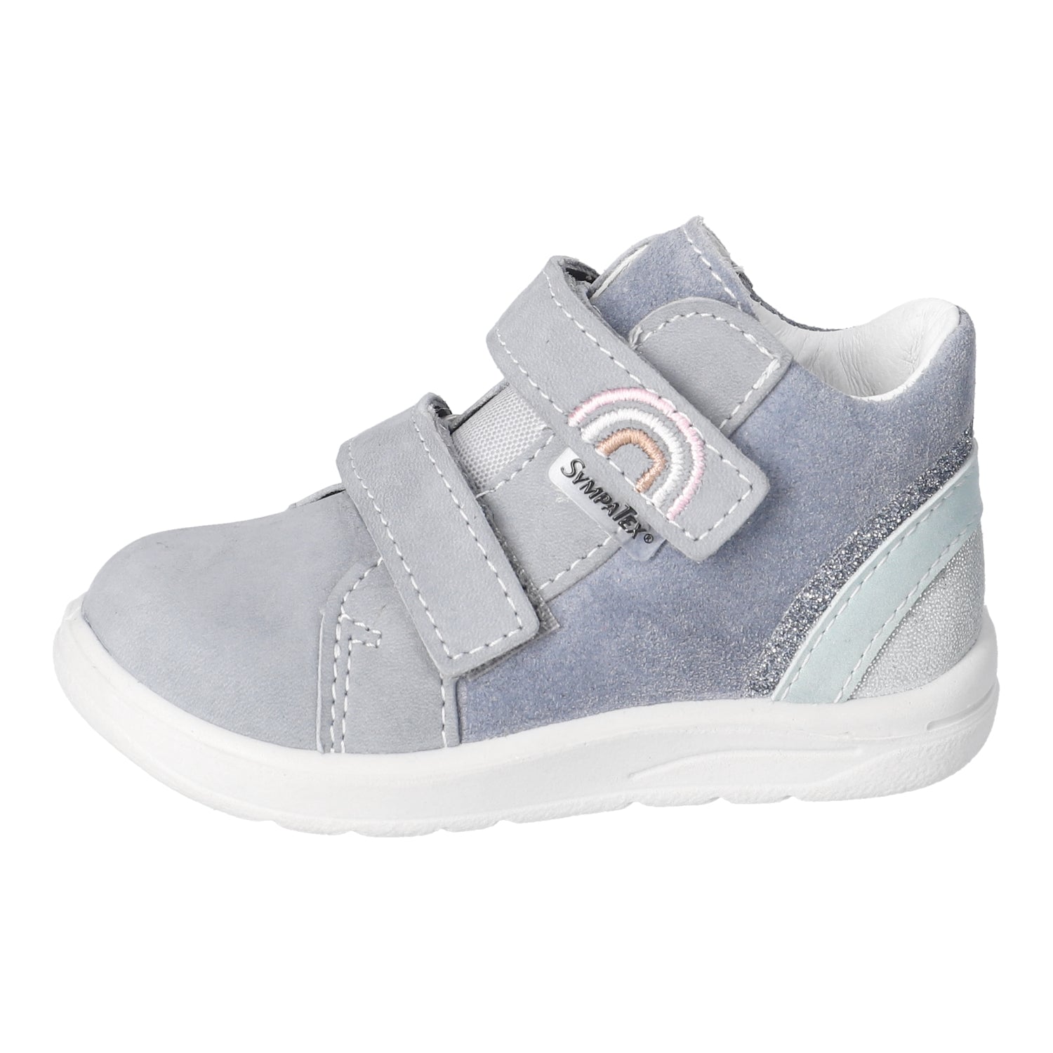 Basket montante pour enfant Ricosta bleu grise imperméable, avec un arc-en-ciel et des attaches velcros. 
