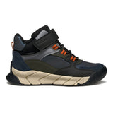 Bottine  Geox mi-maison imperméable montante noir, vert foncé et bleu foncé, avec velcro et lacets élastiques.