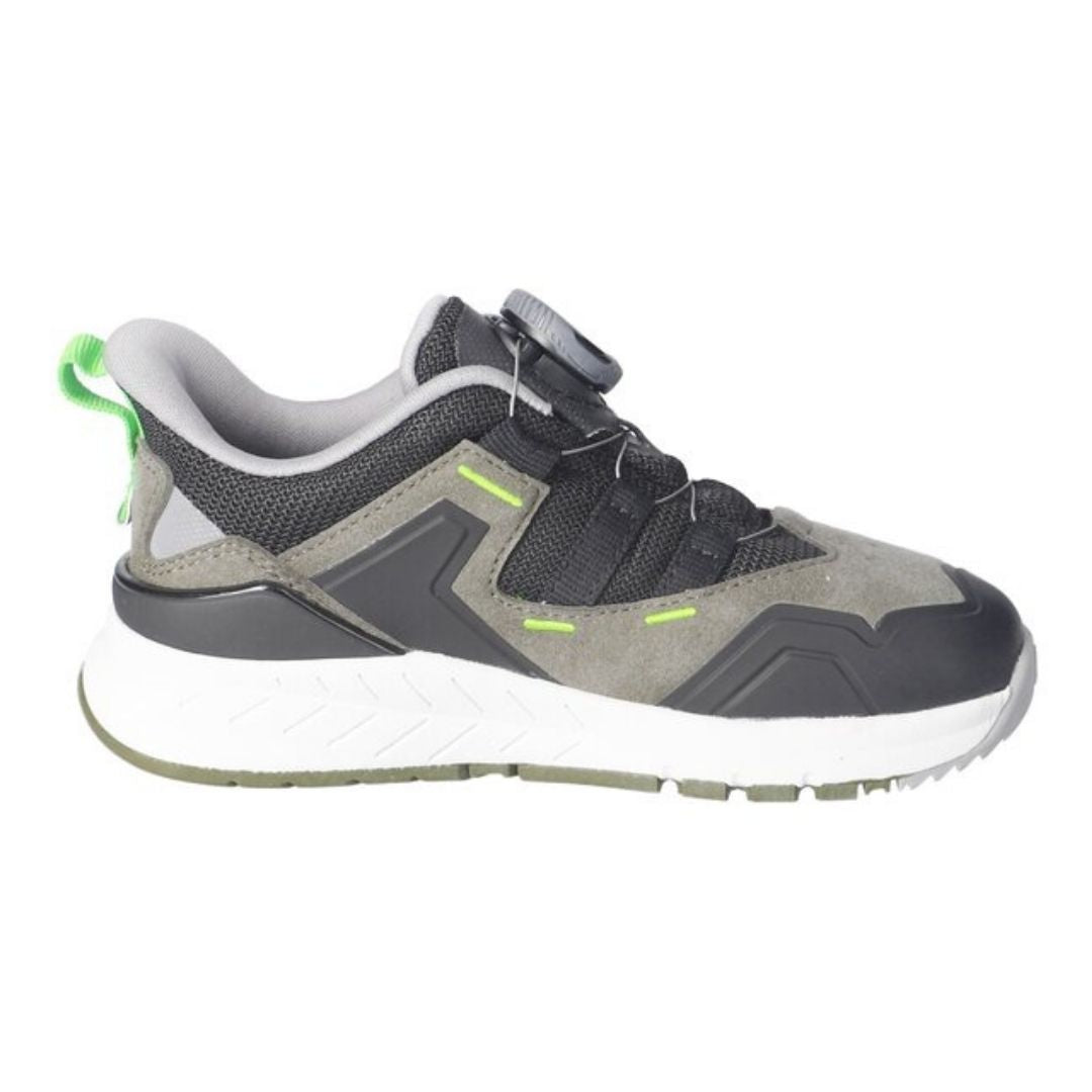Chaussure sport pour enfant avec système Boa, kaki et gris, parfaite pour les enfants actifs. 