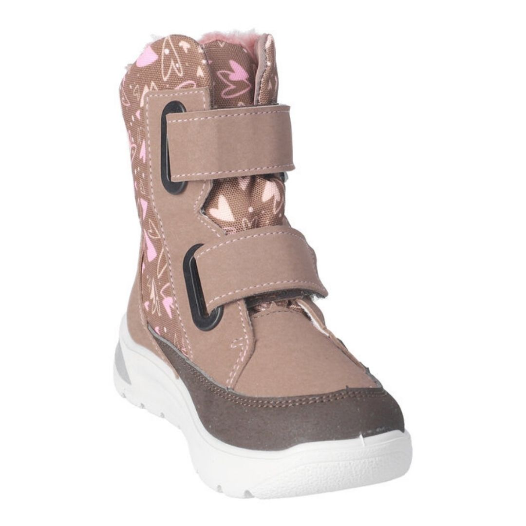 Botte d'hiver pour jeune fille, rose avec des coeurs confortable facile à mettre parfait pour les temps froids