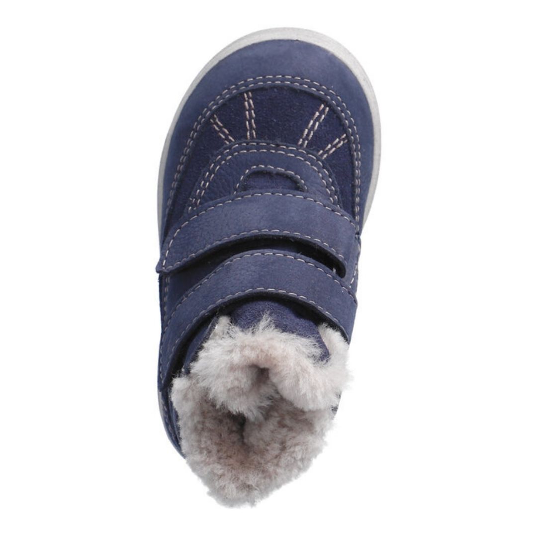 Botte d'hiver chaude en laine naturelle de mouton, facile à mettre, parfaite pour les premiers pas extérieur, bleu avec fourrure beige, pour garçon