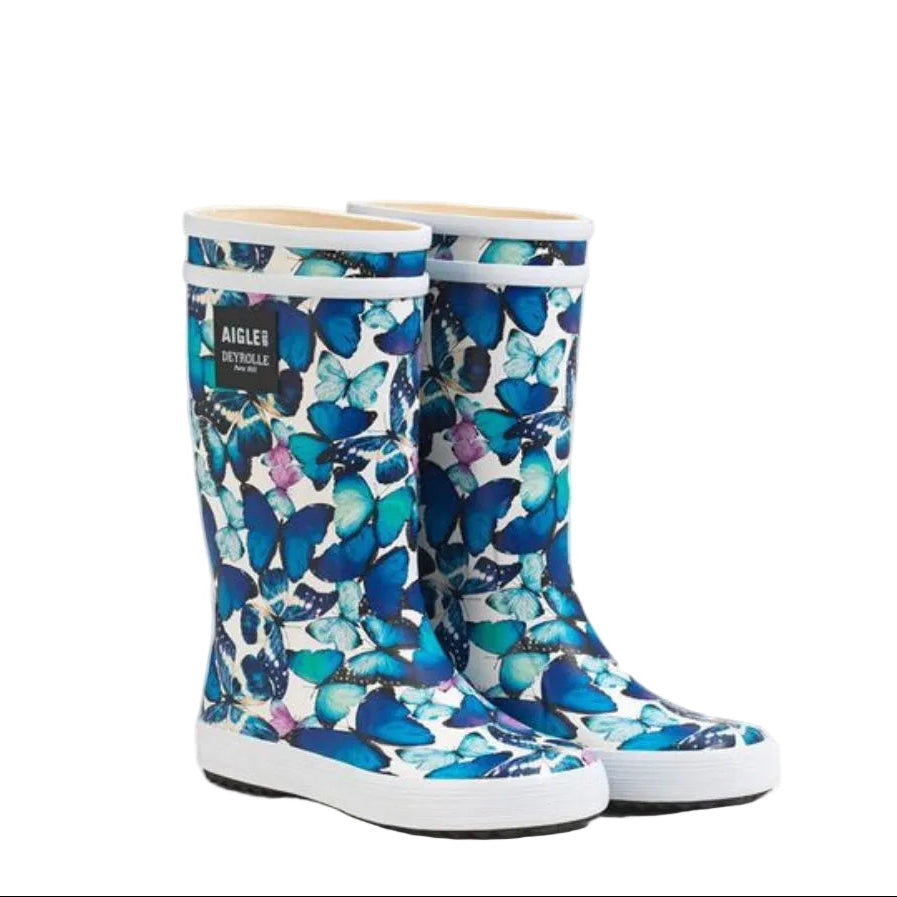 Bottes de pluie Aigle pour enfant avec papillons bleu et turquoise 