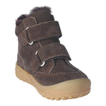 Botte d'hivers pour garçon facile à mettre, confortable, ajustable grâce aux deux scratchs, doublée en laine. Brune parfaite pour les garçons et les filles