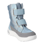 Botte d'hiver Ricosta bleu et grise avec des coeurs sur le côté et des attaches velcros.