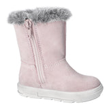 Botte d'hiver pour enfants Ricosta rose pâle avec des papillons sur le côlé et de la fourrure grise au dessus, avec une fermeture éclair sur le côté.