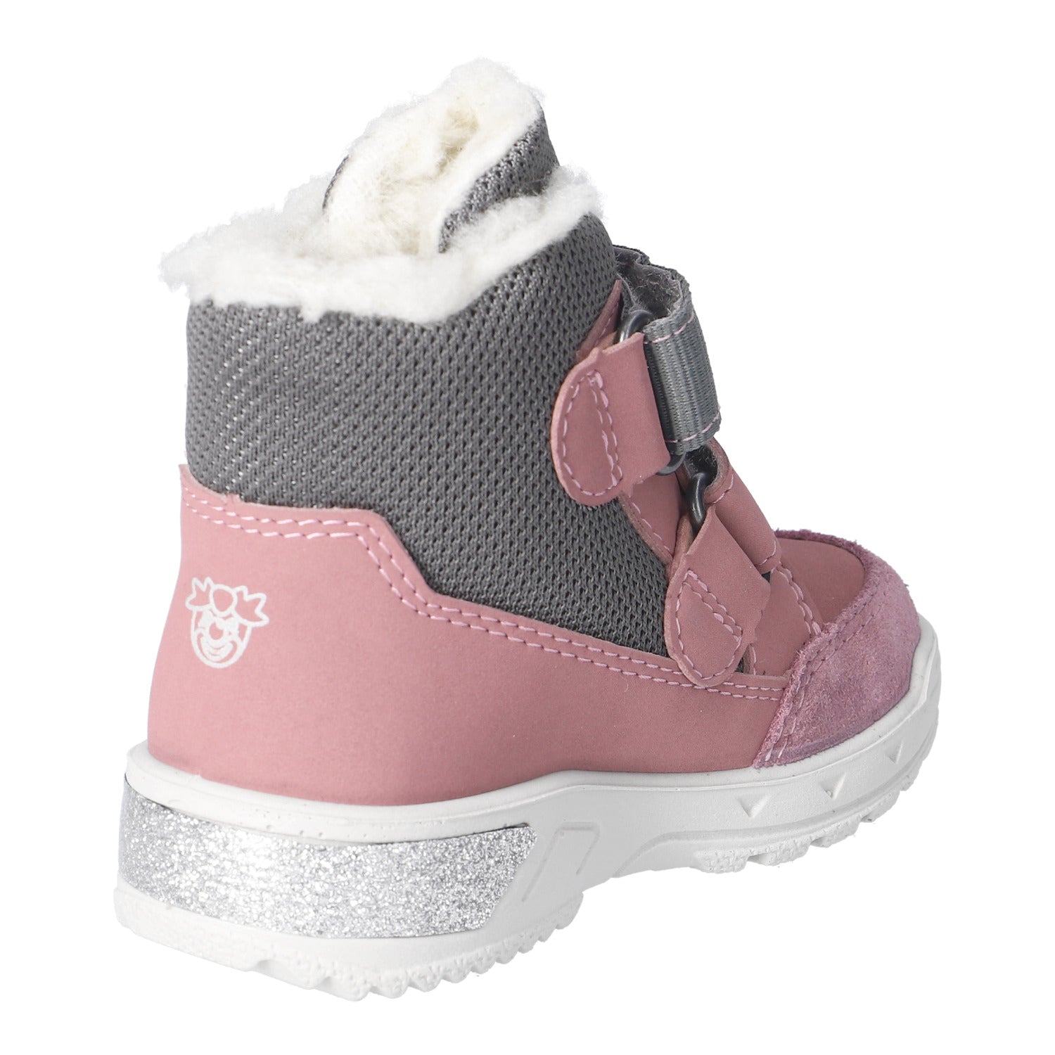 Botte d'hiver pour enfants Ricosta en bi-matière grise et rose, avec l'intérieur rembouré et des attaches velcros.