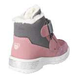 Botte d'hiver pour enfants Ricosta en bi-matière grise et rose, avec l'intérieur rembouré et des attaches velcros.