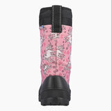 L'arrière d'une botte de neige pour enfant Kuoma rose avec motifs de licornes