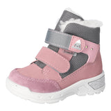 Botte d'hiver pour enfants Ricosta en bi-matière grise et rose, avec l'intérieur rembouré et des attaches velcros.