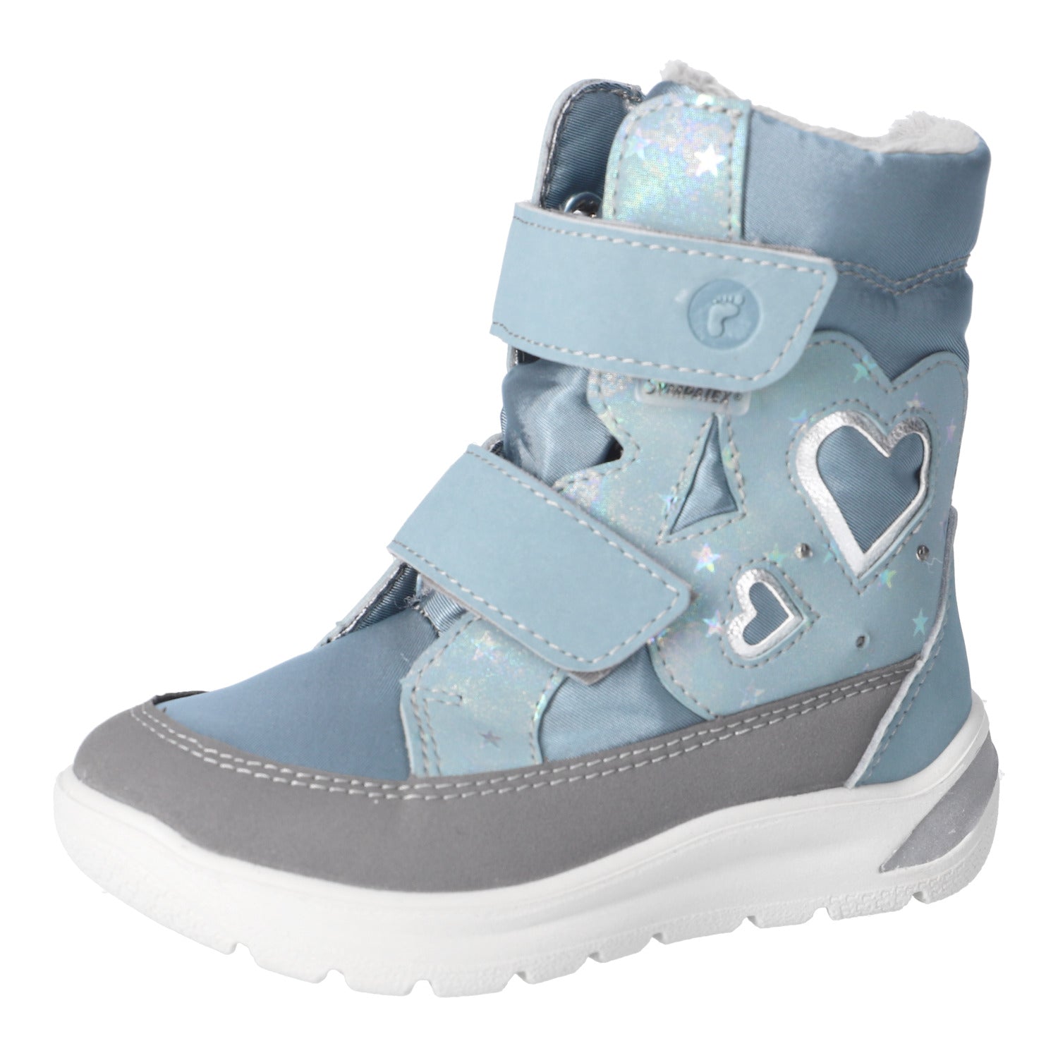 Botte d'hiver Ricosta bleu et grise avec des coeurs sur le côté et des attaches velcros.