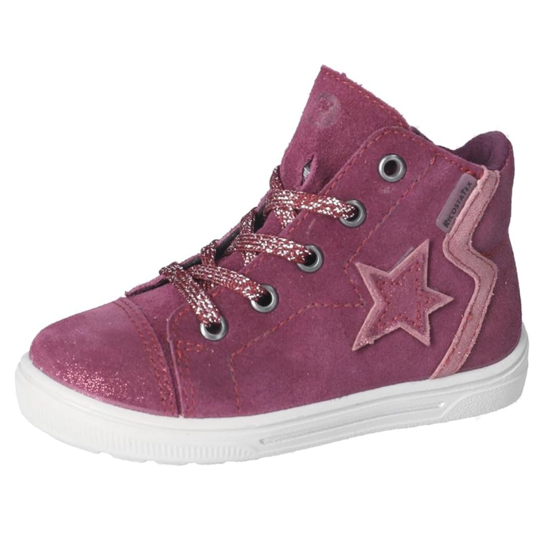 Bottine en cuir velours bordeaux avec patch étoile et lacet pailleté.