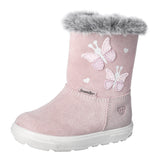 Botte d'hiver pour enfants Ricosta rose pâle avec des papillons sur le côlé et de la fourrure grise au dessus.