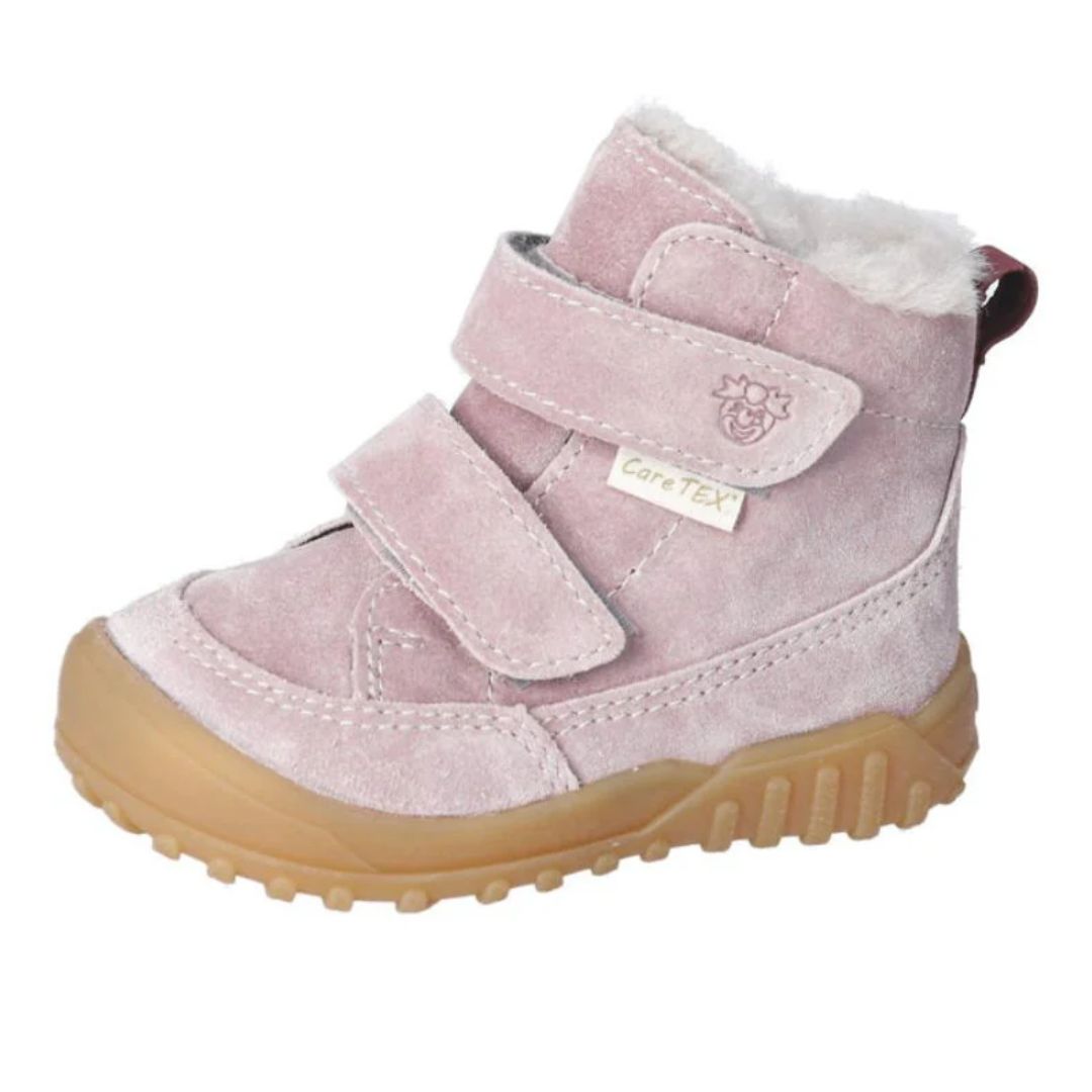 Botte d'hiver mauve, semelle épaisse brune, double velcro et laine à l'interieur 
