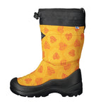 Botte d’hiver pour enfant en orange avec des cœurs rouges, semelle noire robuste et lien ajustable sur le dessus.