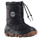 Botte montante noire pour enfant, au-dessus de la cheville, avec fermeture éclair et semelle brune.